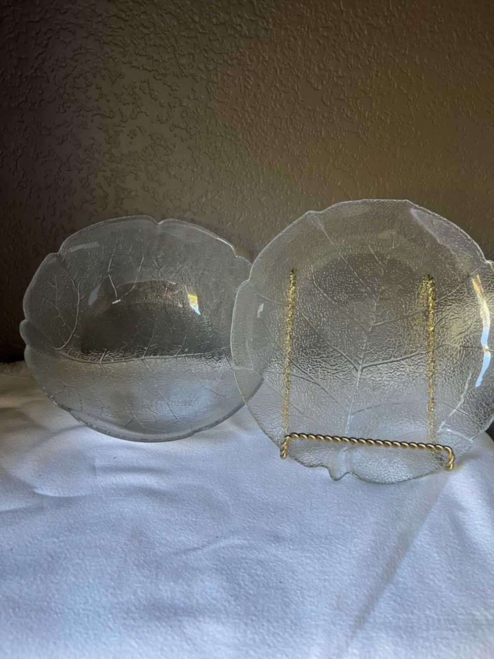 vintage Arcoroc Aspen leaf-patterned clear pressed glass dishes made in France
